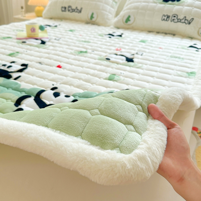 梵朴 2025新款印花牛奶绒床褥垫加厚珊瑚绒床褥子床垫 熊猫乐园-绿