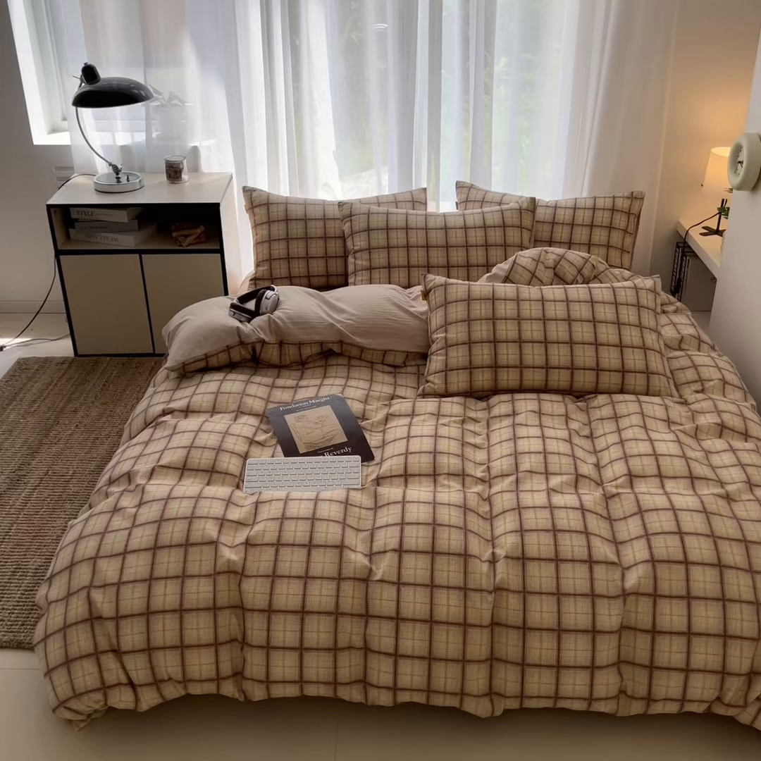 91家纺网 家纺一手货源 找家纺 （总）希丞家居 2025新款学生季格子加厚亚麻四件套（提供买家秀）