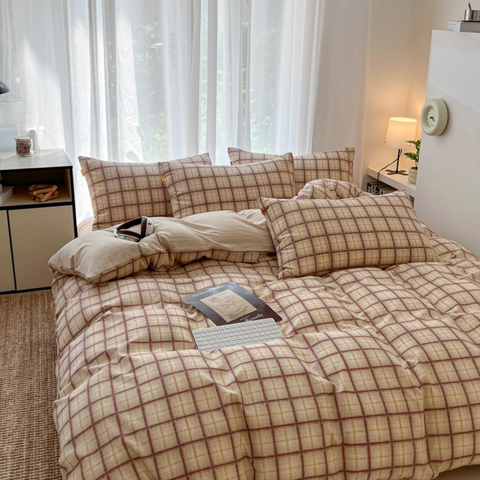 91家纺网 家纺一手货源 找家纺 （总）希丞家居 2025新款学生季格子加厚亚麻四件套（提供买家秀）