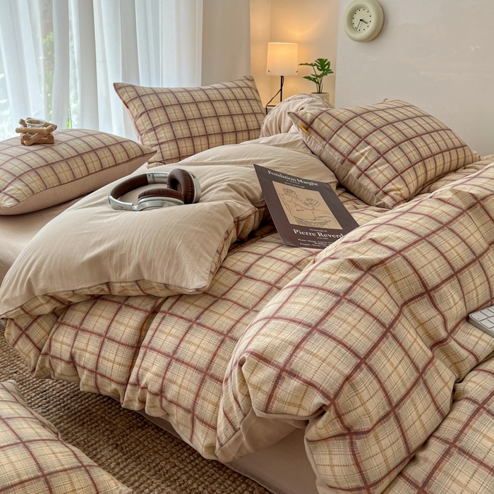 91家纺网 家纺一手货源 找家纺 （总）希丞家居 2025新款学生季格子加厚亚麻四件套（提供买家秀）