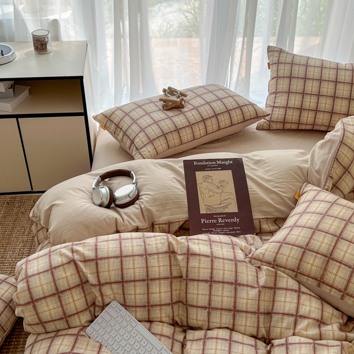 91家纺网 家纺一手货源 找家纺 （总）希丞家居 2025新款学生季格子加厚亚麻四件套（提供买家秀）