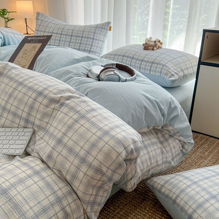 91家纺网 家纺一手货源 找家纺 （总）希丞家居 2025新款学生季格子加厚亚麻四件套（提供买家秀）