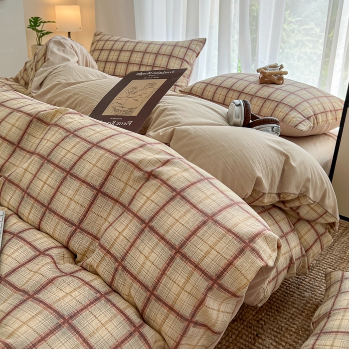 希丞家居 2025新款学生季格子加厚亚麻皱皱纱四件套（提供买家秀） 落日橘格