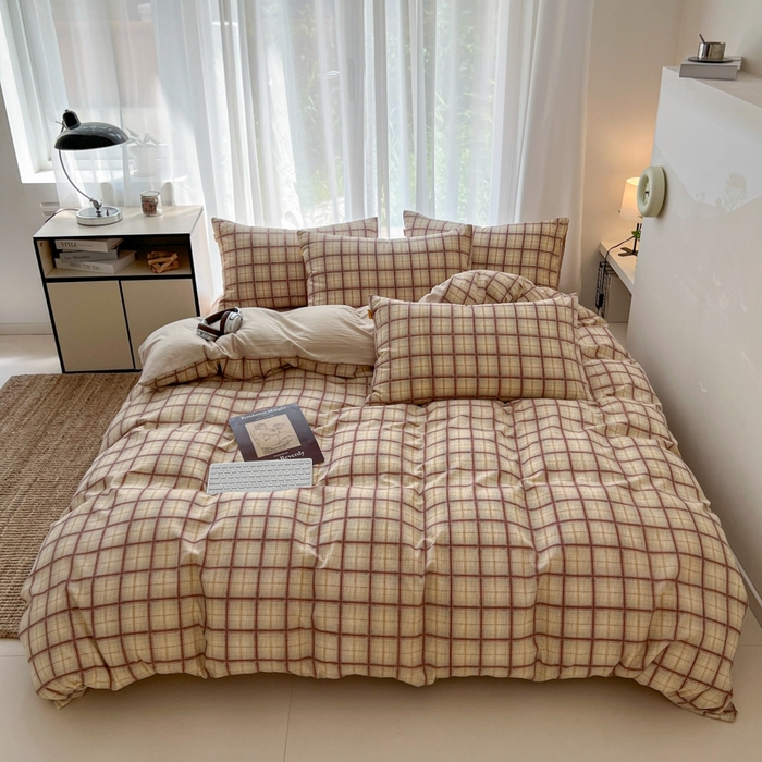 91家纺网 家纺一手货源 找家纺 希丞家居 2025新款学生季格子加厚亚麻皱皱纱四件套（提供买家秀） 落日橘格
