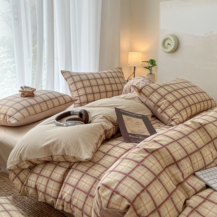 91家纺网 家纺一手货源 找家纺 希丞家居 2025新款学生季格子加厚亚麻皱皱纱四件套（提供买家秀） 落日橘格