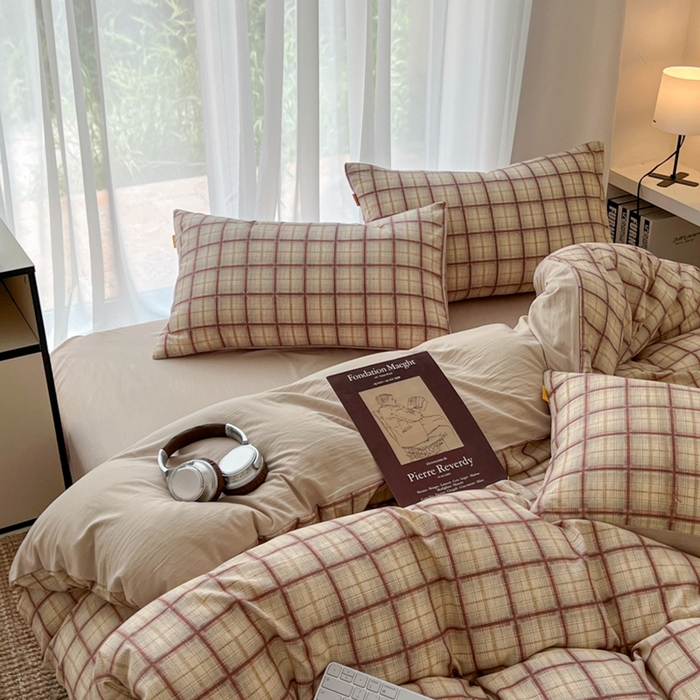 91家纺网 家纺一手货源 找家纺 希丞家居 2025新款学生季格子加厚亚麻皱皱纱四件套（提供买家秀） 落日橘格