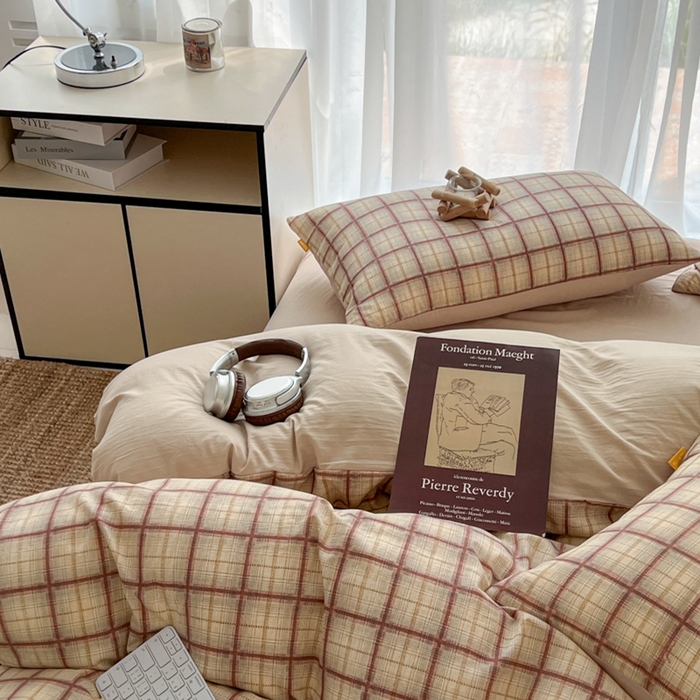 91家纺网 家纺一手货源 找家纺 希丞家居 2025新款学生季格子加厚亚麻皱皱纱四件套（提供买家秀） 落日橘格