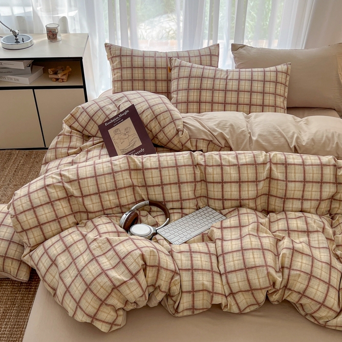 91家纺网 家纺一手货源 找家纺 希丞家居 2025新款学生季格子加厚亚麻皱皱纱四件套（提供买家秀） 落日橘格