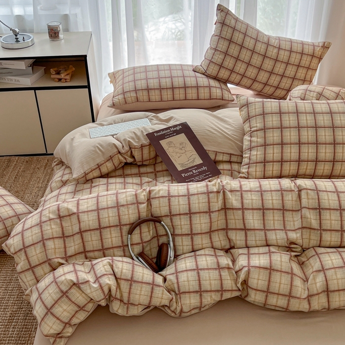 91家纺网 家纺一手货源 找家纺 希丞家居 2025新款学生季格子加厚亚麻皱皱纱四件套（提供买家秀） 落日橘格