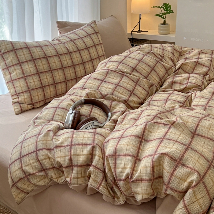 91家纺网 家纺一手货源 找家纺 希丞家居 2025新款学生季格子加厚亚麻皱皱纱四件套（提供买家秀） 落日橘格