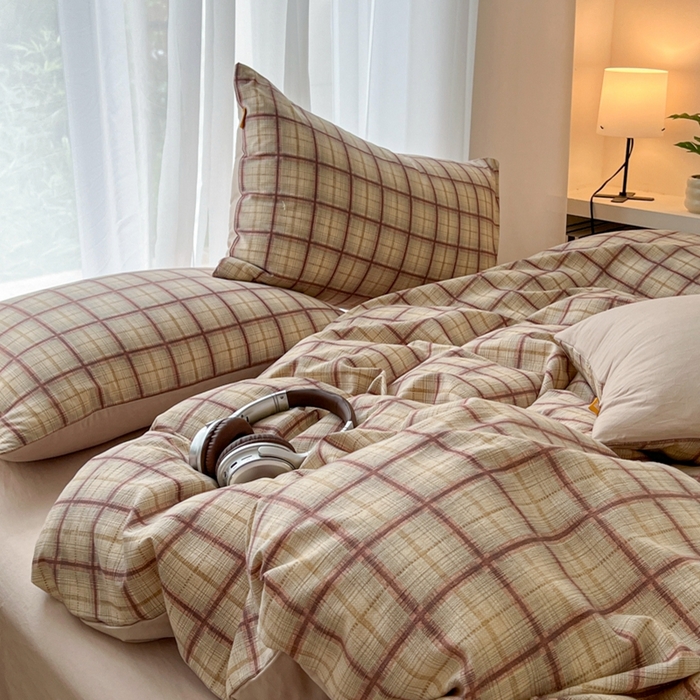 91家纺网 家纺一手货源 找家纺 希丞家居 2025新款学生季格子加厚亚麻皱皱纱四件套（提供买家秀） 落日橘格