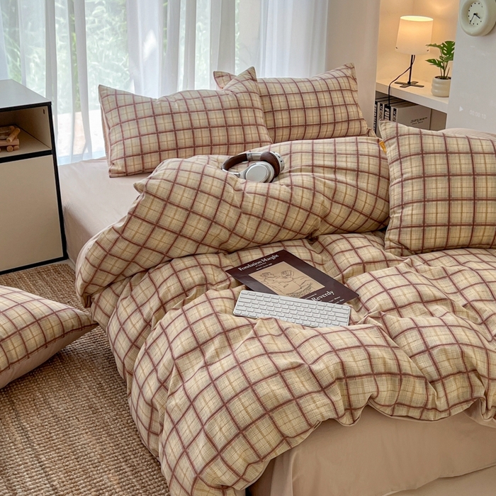 91家纺网 家纺一手货源 找家纺 希丞家居 2025新款学生季格子加厚亚麻皱皱纱四件套（提供买家秀） 落日橘格