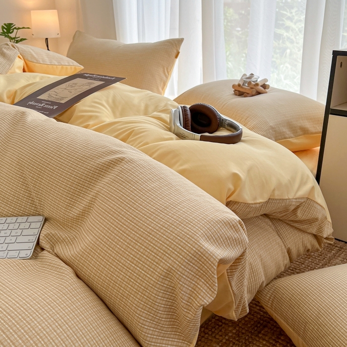 希丞家居 2025新款学生季格子加厚亚麻皱皱纱四件套（提供买家秀） 奶油黄格