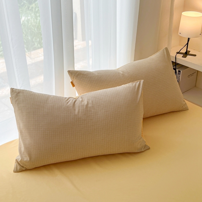 91家纺网 家纺一手货源 找家纺 希丞家居 2025新款学生季格子加厚亚麻皱皱纱四件套（提供买家秀） 奶油黄格