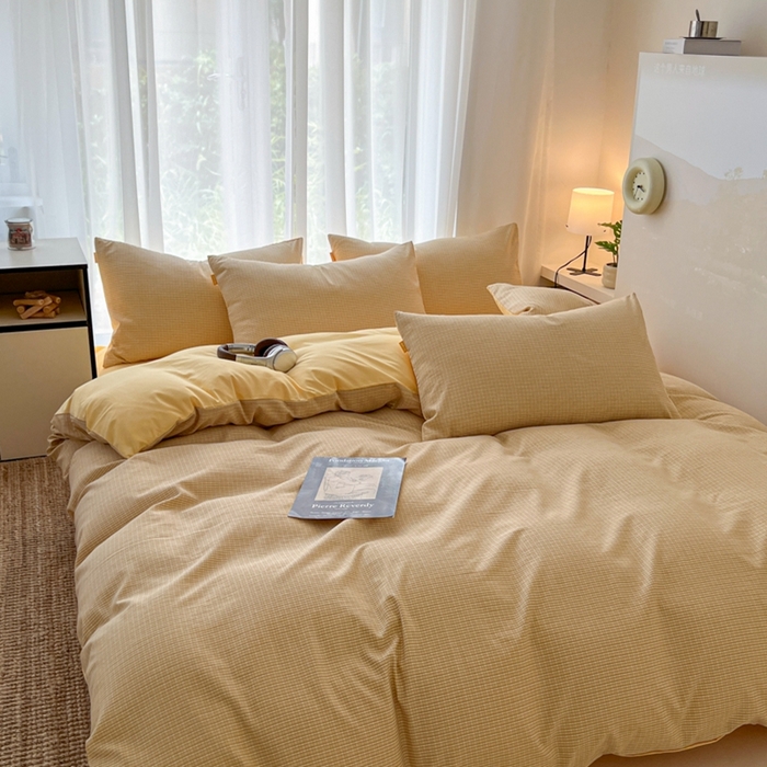 91家纺网 家纺一手货源 找家纺 希丞家居 2025新款学生季格子加厚亚麻皱皱纱四件套（提供买家秀） 奶油黄格