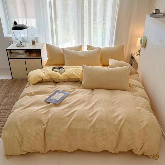 91家纺网 家纺一手货源 找家纺 希丞家居 2025新款学生季格子加厚亚麻皱皱纱四件套（提供买家秀） 奶油黄格