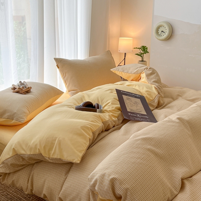 91家纺网 家纺一手货源 找家纺 希丞家居 2025新款学生季格子加厚亚麻皱皱纱四件套（提供买家秀） 奶油黄格