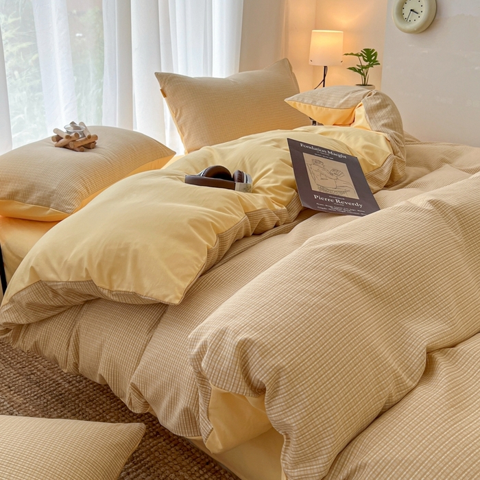 91家纺网 家纺一手货源 找家纺 希丞家居 2025新款学生季格子加厚亚麻皱皱纱四件套（提供买家秀） 奶油黄格