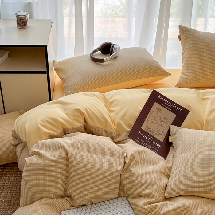 91家纺网 家纺一手货源 找家纺 希丞家居 2025新款学生季格子加厚亚麻皱皱纱四件套（提供买家秀） 奶油黄格