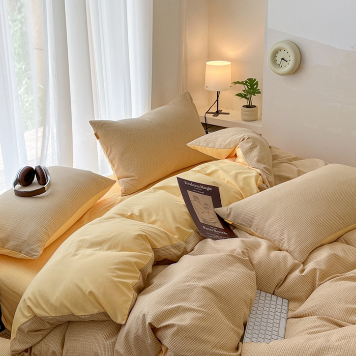 91家纺网 家纺一手货源 找家纺 希丞家居 2025新款学生季格子加厚亚麻皱皱纱四件套（提供买家秀） 奶油黄格