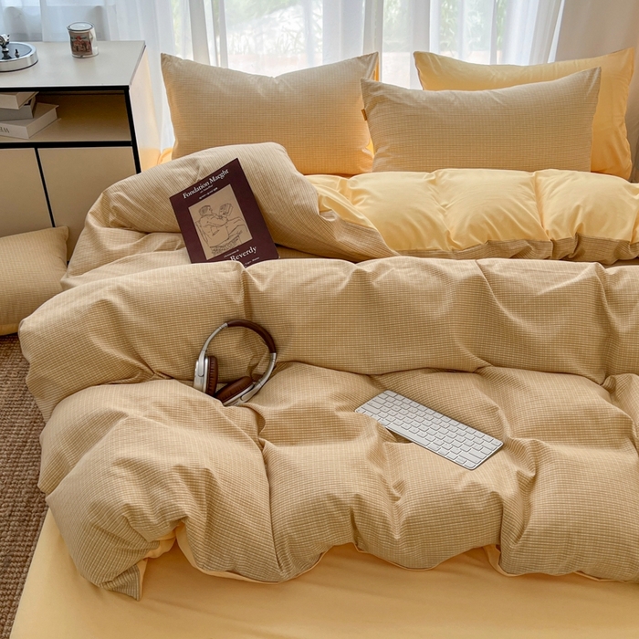 91家纺网 家纺一手货源 找家纺 希丞家居 2025新款学生季格子加厚亚麻皱皱纱四件套（提供买家秀） 奶油黄格