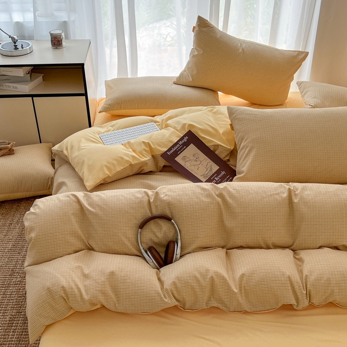 91家纺网 家纺一手货源 找家纺 希丞家居 2025新款学生季格子加厚亚麻皱皱纱四件套（提供买家秀） 奶油黄格
