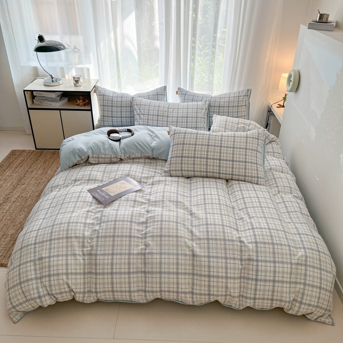 91家纺网 家纺一手货源 找家纺 希丞家居 2025新款学生季格子加厚亚麻皱皱纱四件套（提供买家秀） 晴空蓝格