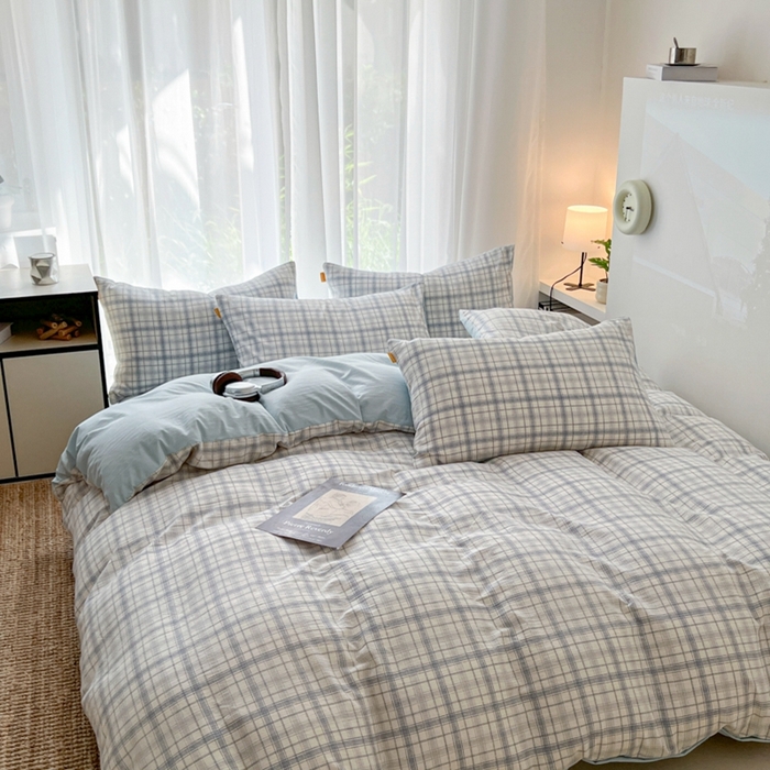 91家纺网 家纺一手货源 找家纺 希丞家居 2025新款学生季格子加厚亚麻皱皱纱四件套（提供买家秀） 晴空蓝格