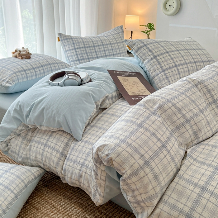 91家纺网 家纺一手货源 找家纺 希丞家居 2025新款学生季格子加厚亚麻皱皱纱四件套（提供买家秀） 晴空蓝格