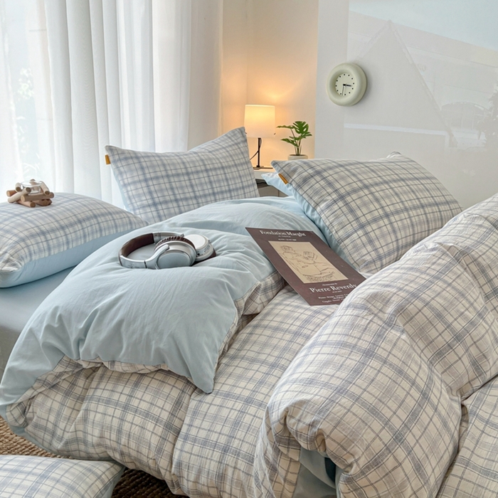 91家纺网 家纺一手货源 找家纺 希丞家居 2025新款学生季格子加厚亚麻皱皱纱四件套（提供买家秀） 晴空蓝格