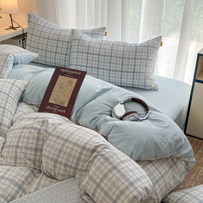 91家纺网 家纺一手货源 找家纺 希丞家居 2025新款学生季格子加厚亚麻皱皱纱四件套（提供买家秀） 晴空蓝格