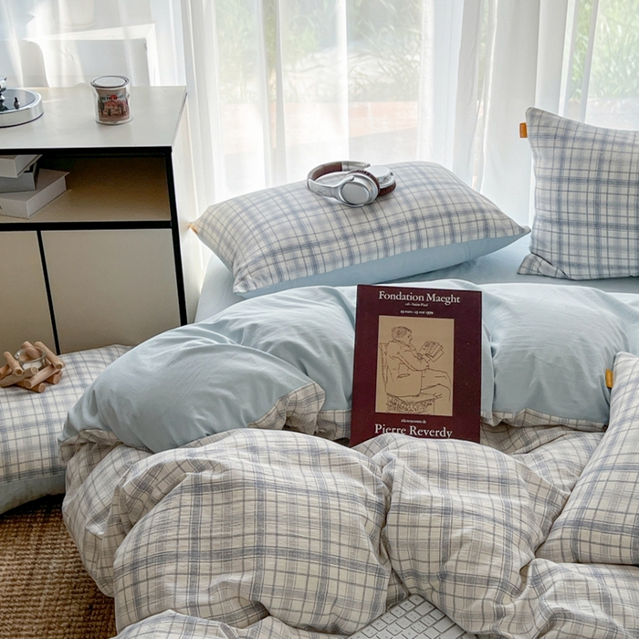 91家纺网 家纺一手货源 找家纺 希丞家居 2025新款学生季格子加厚亚麻皱皱纱四件套（提供买家秀） 晴空蓝格