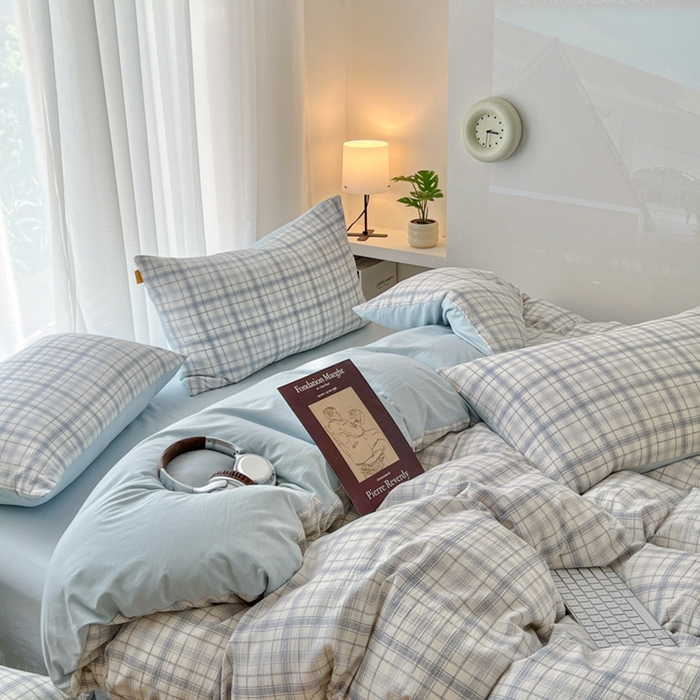 91家纺网 家纺一手货源 找家纺 希丞家居 2025新款学生季格子加厚亚麻皱皱纱四件套（提供买家秀） 晴空蓝格