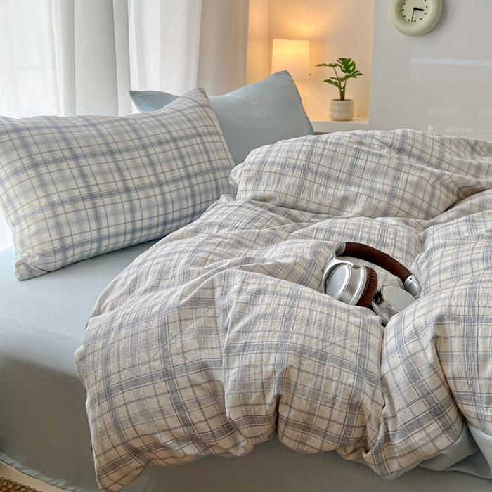 91家纺网 家纺一手货源 找家纺 希丞家居 2025新款学生季格子加厚亚麻皱皱纱四件套（提供买家秀） 晴空蓝格