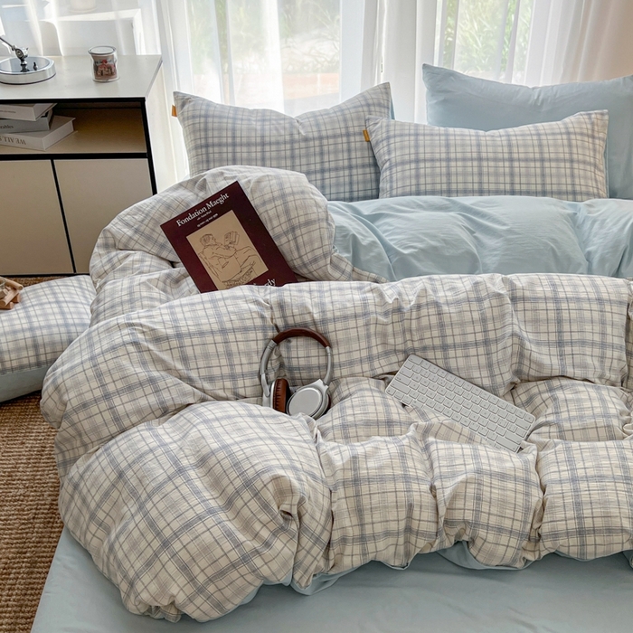 91家纺网 家纺一手货源 找家纺 希丞家居 2025新款学生季格子加厚亚麻皱皱纱四件套（提供买家秀） 晴空蓝格