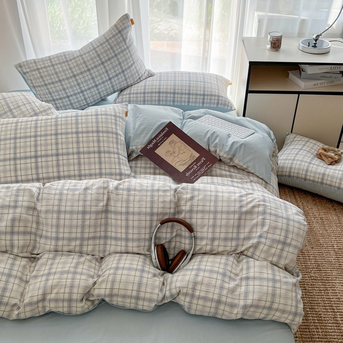91家纺网 家纺一手货源 找家纺 希丞家居 2025新款学生季格子加厚亚麻皱皱纱四件套（提供买家秀） 晴空蓝格