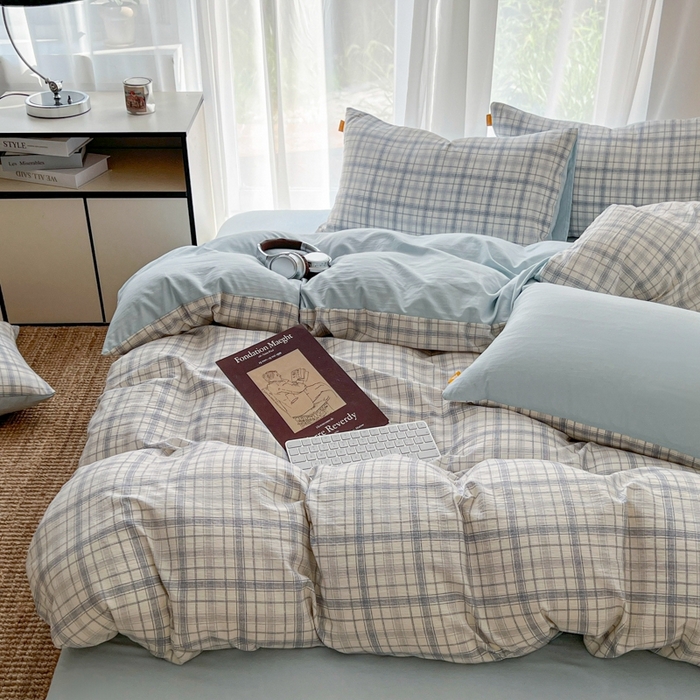 91家纺网 家纺一手货源 找家纺 希丞家居 2025新款学生季格子加厚亚麻皱皱纱四件套（提供买家秀） 晴空蓝格