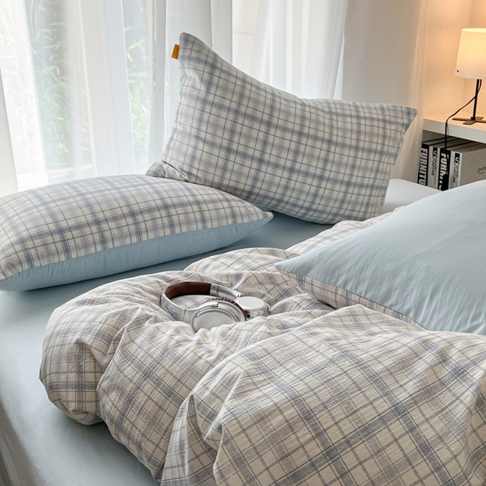 91家纺网 家纺一手货源 找家纺 希丞家居 2025新款学生季格子加厚亚麻皱皱纱四件套（提供买家秀） 晴空蓝格