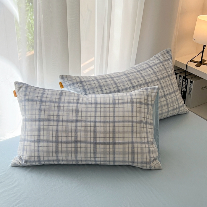 91家纺网 家纺一手货源 找家纺 希丞家居 2025新款学生季格子加厚亚麻皱皱纱四件套（提供买家秀） 晴空蓝格