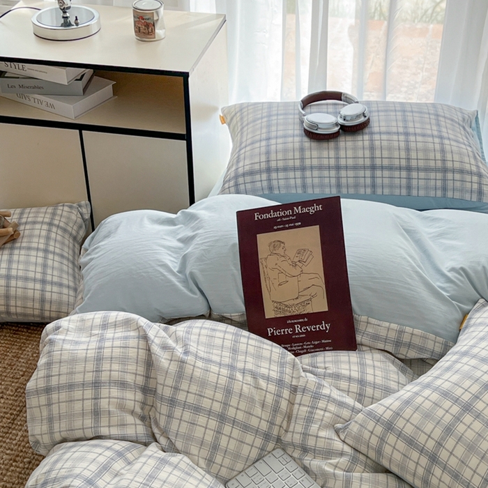 91家纺网 家纺一手货源 找家纺 希丞家居 2025新款学生季格子加厚亚麻皱皱纱四件套（提供买家秀） 晴空蓝格