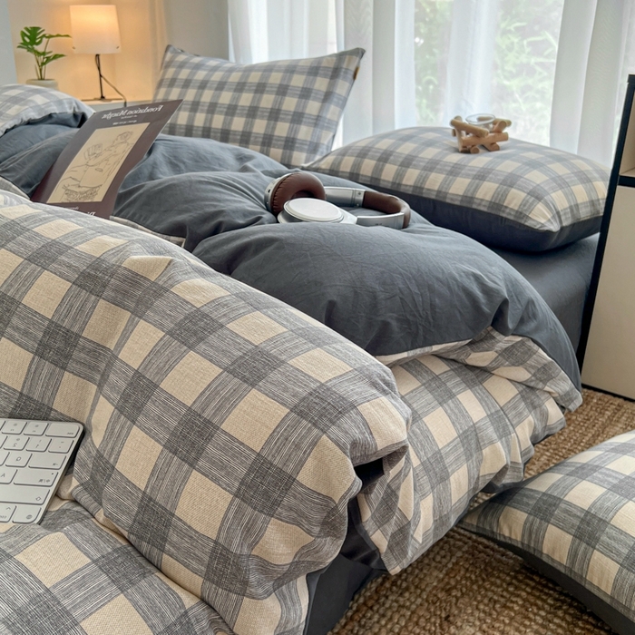 希丞家居 2025新款学生季格子加厚亚麻皱皱纱四件套（提供买家秀） 亚麻灰格