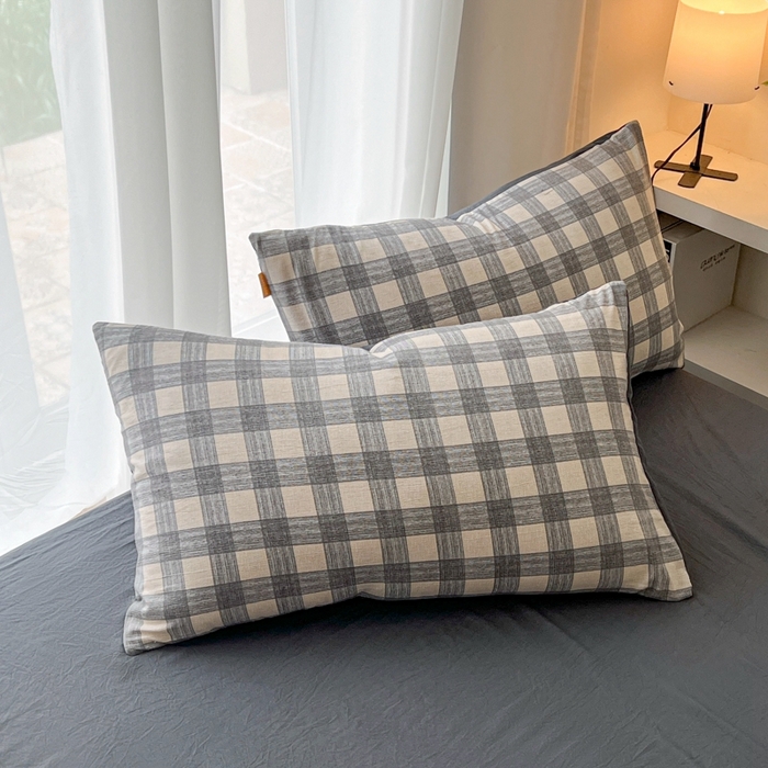 91家纺网 家纺一手货源 找家纺 希丞家居 2025新款学生季格子加厚亚麻皱皱纱四件套（提供买家秀） 亚麻灰格