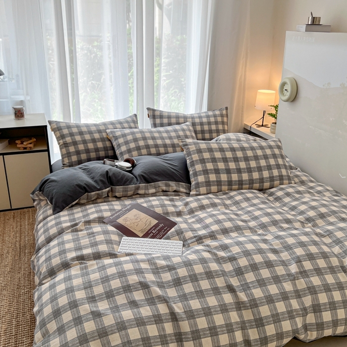 91家纺网 家纺一手货源 找家纺 希丞家居 2025新款学生季格子加厚亚麻皱皱纱四件套（提供买家秀） 亚麻灰格