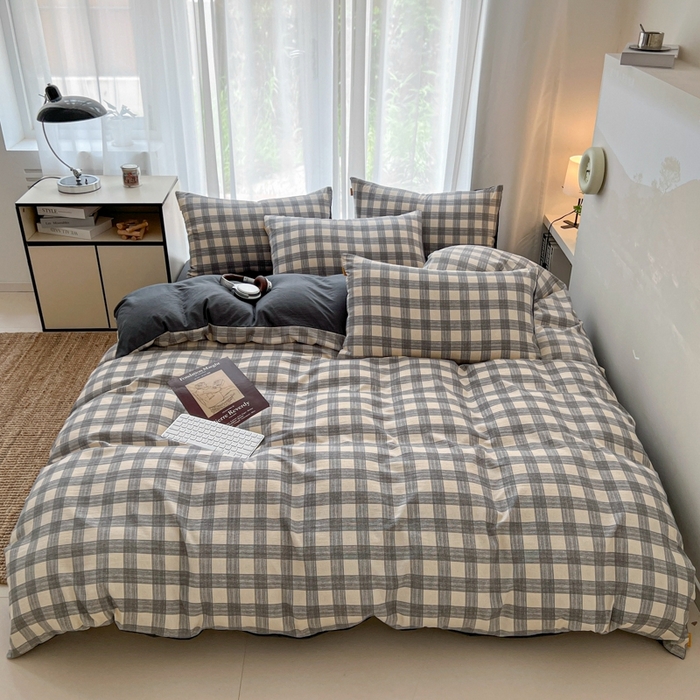 91家纺网 家纺一手货源 找家纺 希丞家居 2025新款学生季格子加厚亚麻皱皱纱四件套（提供买家秀） 亚麻灰格