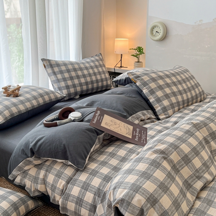 91家纺网 家纺一手货源 找家纺 希丞家居 2025新款学生季格子加厚亚麻皱皱纱四件套（提供买家秀） 亚麻灰格