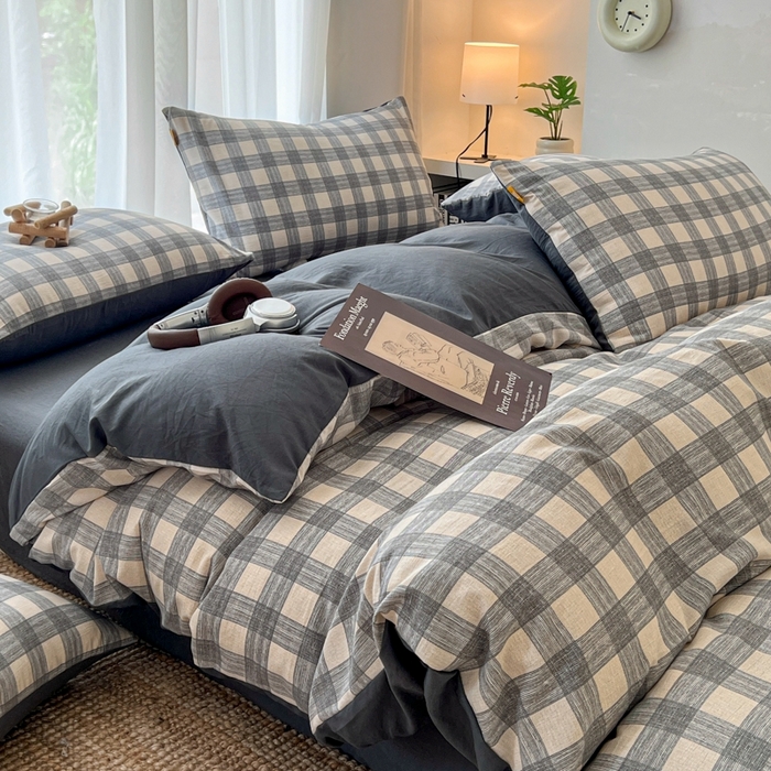 91家纺网 家纺一手货源 找家纺 希丞家居 2025新款学生季格子加厚亚麻皱皱纱四件套（提供买家秀） 亚麻灰格