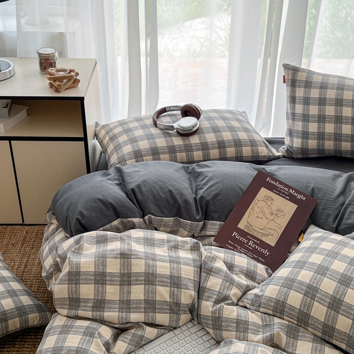 91家纺网 家纺一手货源 找家纺 希丞家居 2025新款学生季格子加厚亚麻皱皱纱四件套（提供买家秀） 亚麻灰格