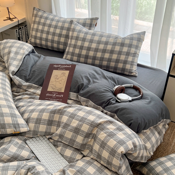 91家纺网 家纺一手货源 找家纺 希丞家居 2025新款学生季格子加厚亚麻皱皱纱四件套（提供买家秀） 亚麻灰格