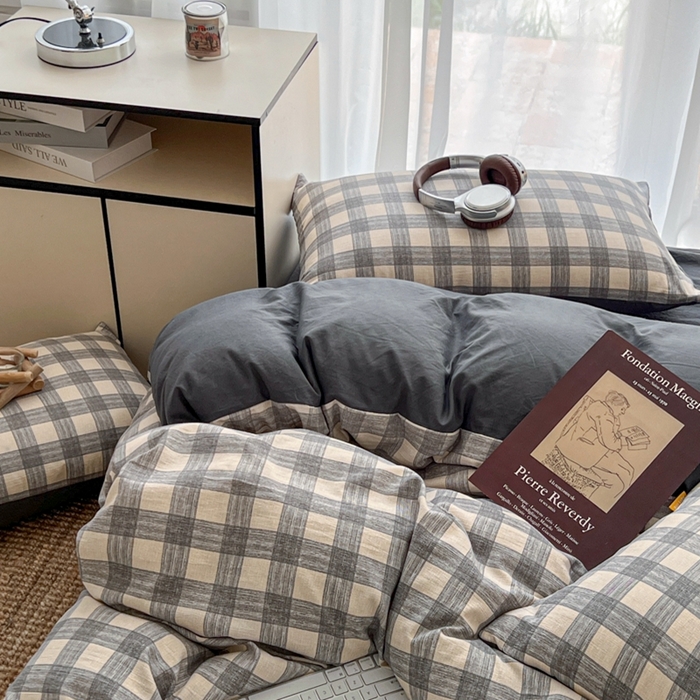 91家纺网 家纺一手货源 找家纺 希丞家居 2025新款学生季格子加厚亚麻皱皱纱四件套（提供买家秀） 亚麻灰格