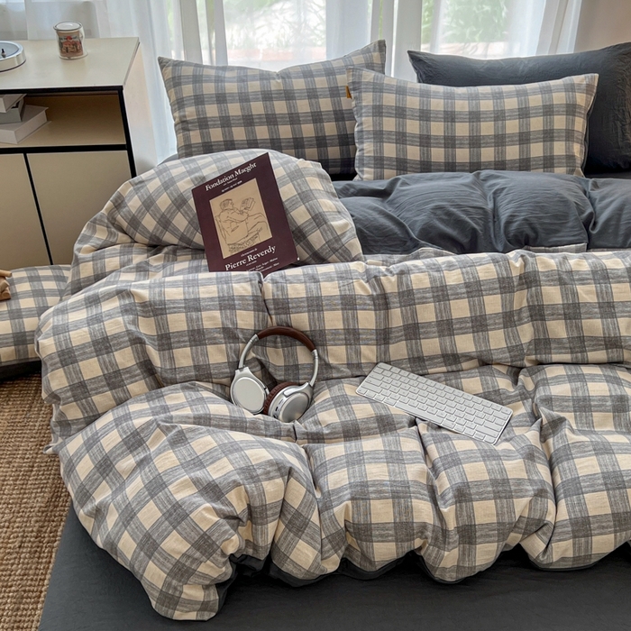 91家纺网 家纺一手货源 找家纺 希丞家居 2025新款学生季格子加厚亚麻皱皱纱四件套（提供买家秀） 亚麻灰格